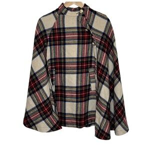 Plaid Wool-Blend Button-Neck Cape Poncho — Cream Red Tartan, Asymmetric Pullover